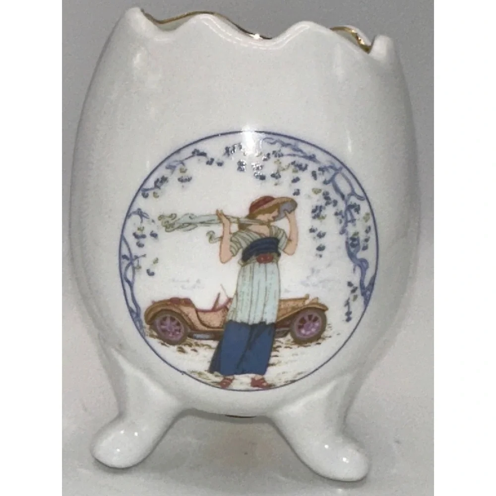 Vintage Bone China Egg Vase Tripod Footed Gold Trim Lady with Classic Car 3